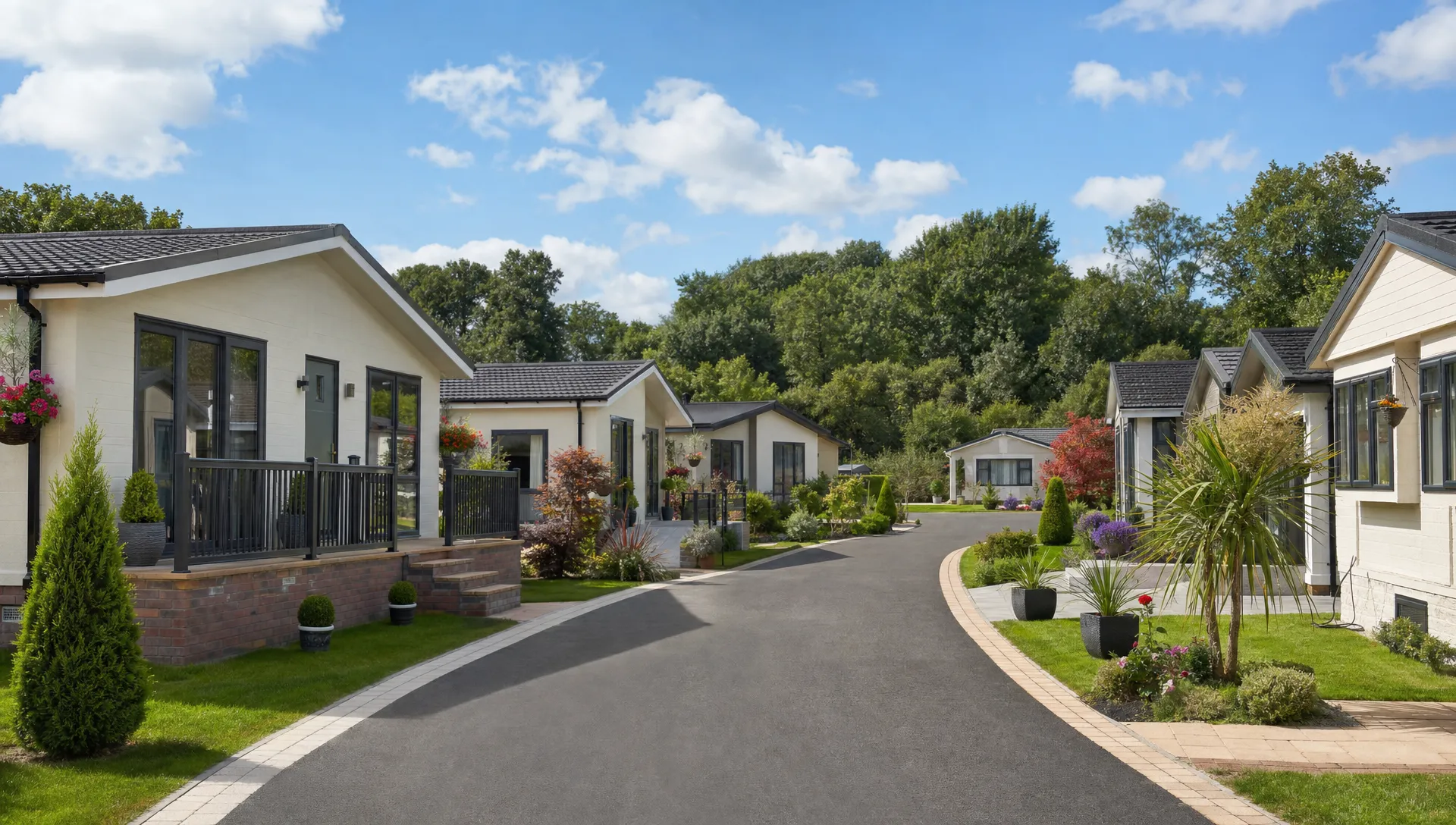 A quiet landscaped lane of luxury park home bungalows with private gardens and driveways in a calm residential setting.