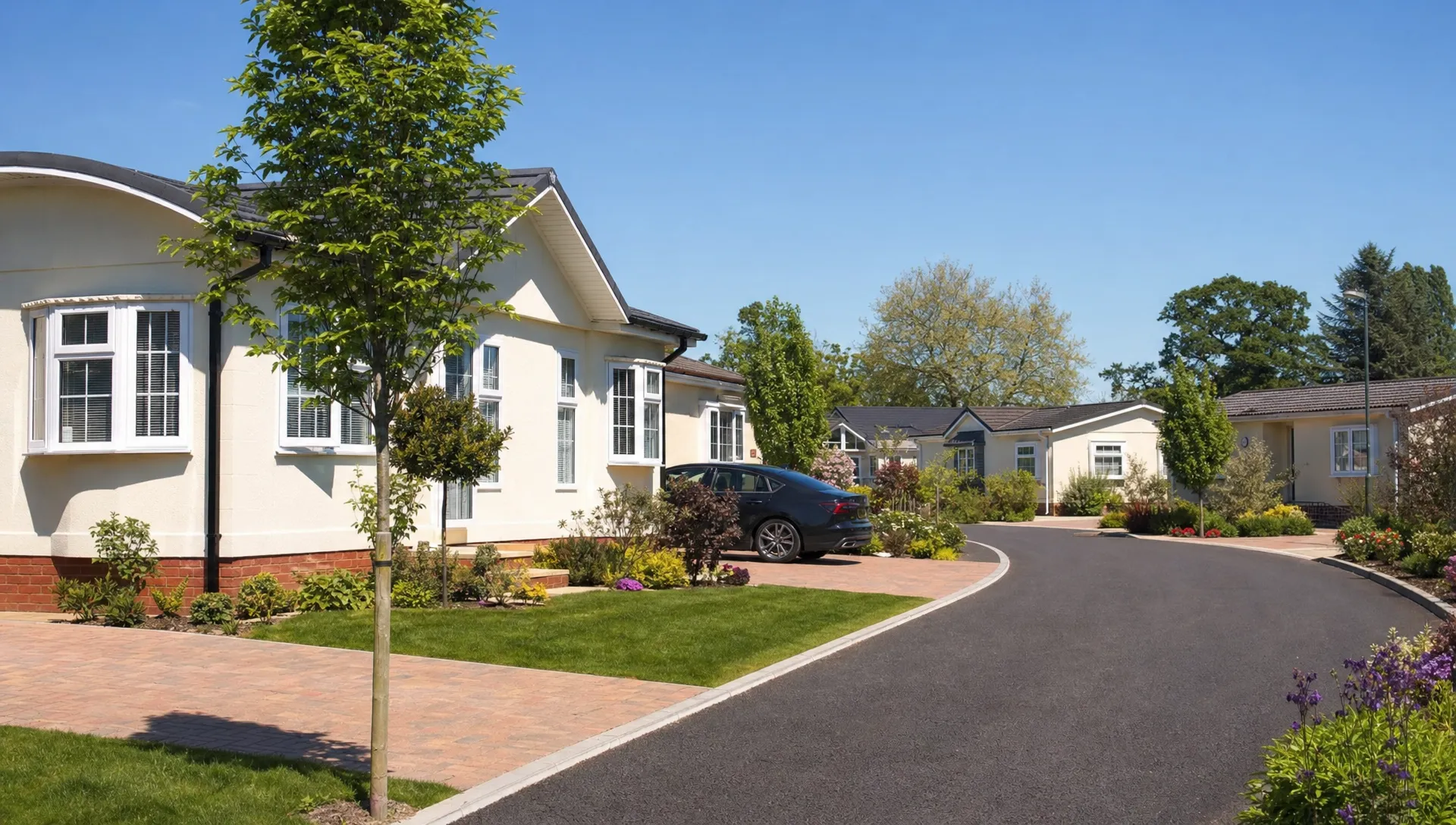 A quiet landscaped lane with detached luxury park home bungalows, private driveways and neat gardens in Berkshire.