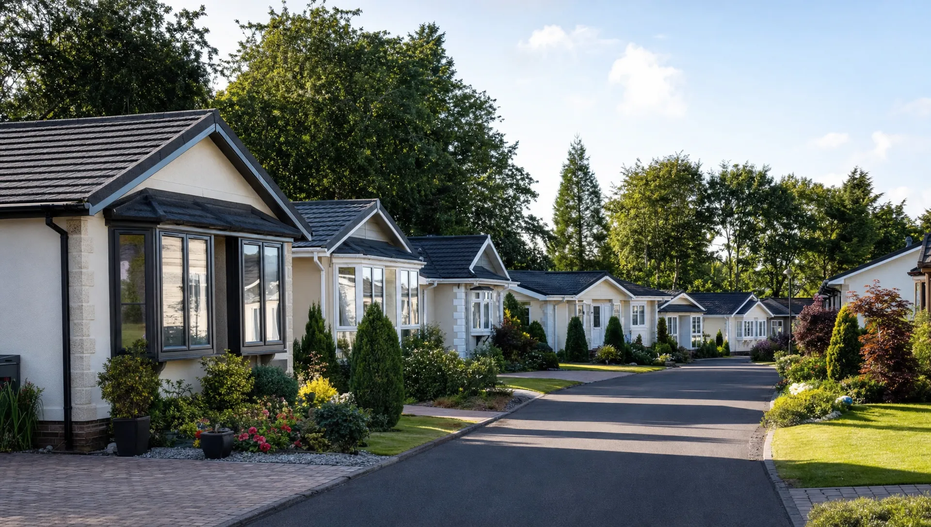 A quiet landscaped lane at Hermitage Park shows single-storey luxury park home bungalows, private driveways and neat gardens.
