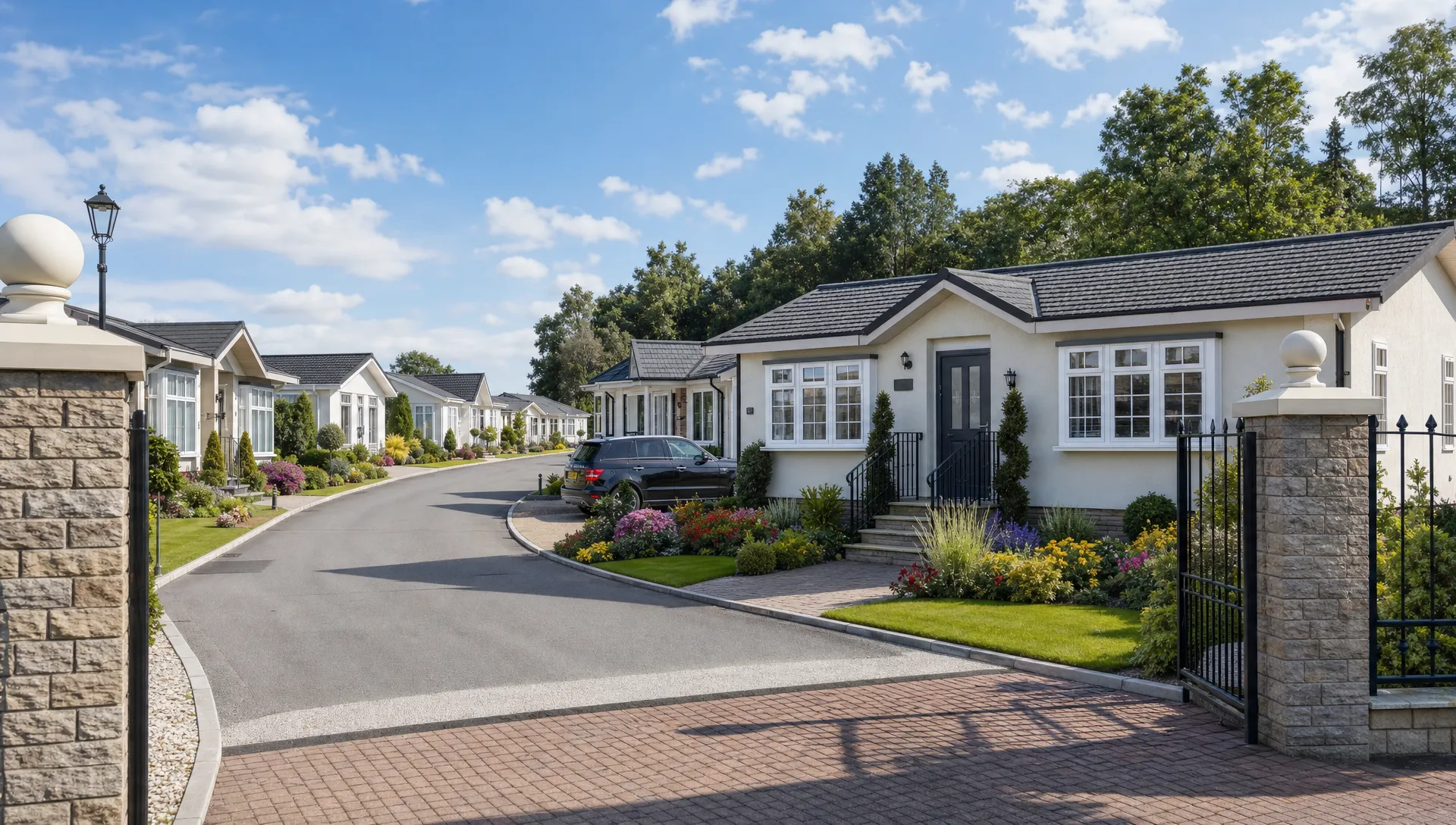 A landscaped residential park lane with single-storey luxury park home bungalows, private driveways and neat front gardens in a quiet gated estate setting.