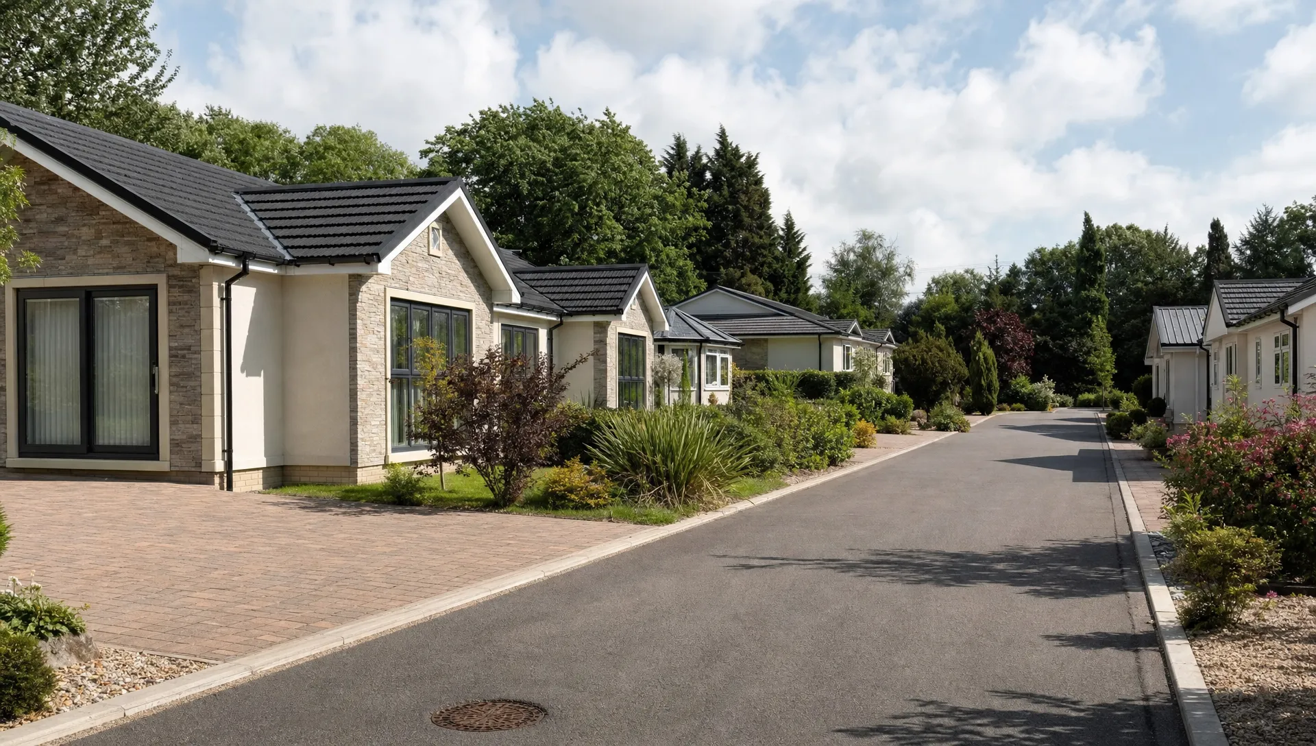 A quiet landscaped lane at Hermitage Park with single-storey luxury park home bungalows, neat planting and private driveways.