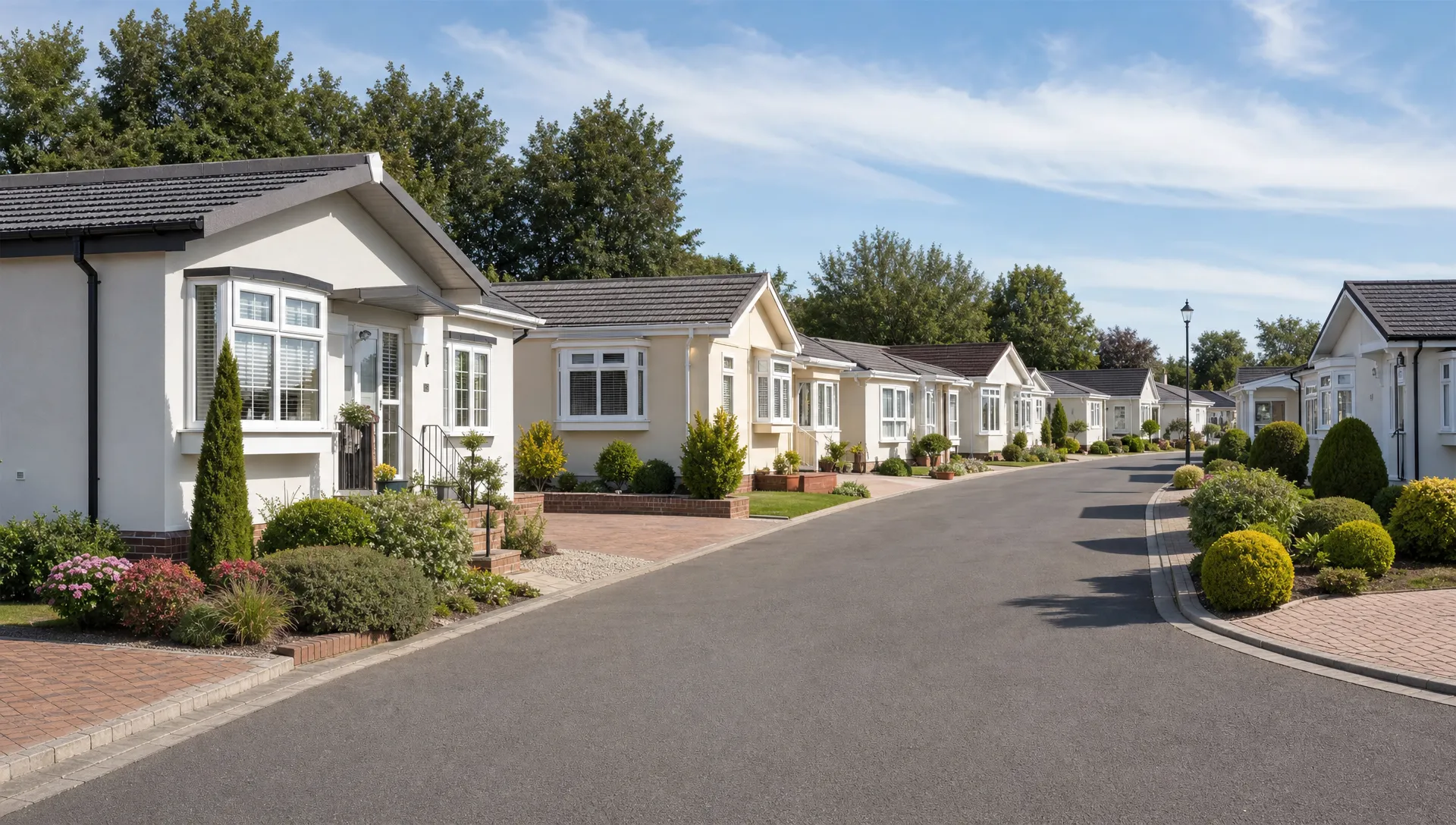 A quiet lane at Hermitage Park passes single-storey luxury park home bungalows, private driveways and neat gardens.