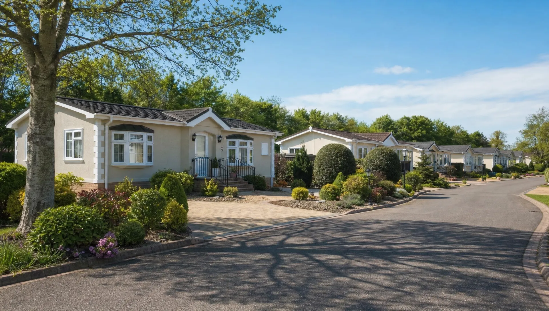 A quiet residential lane in Berkshire with single-storey luxury park home bungalows, landscaped private gardens and driveways, showing permanent residential living under the Mobile Homes Act 1983.