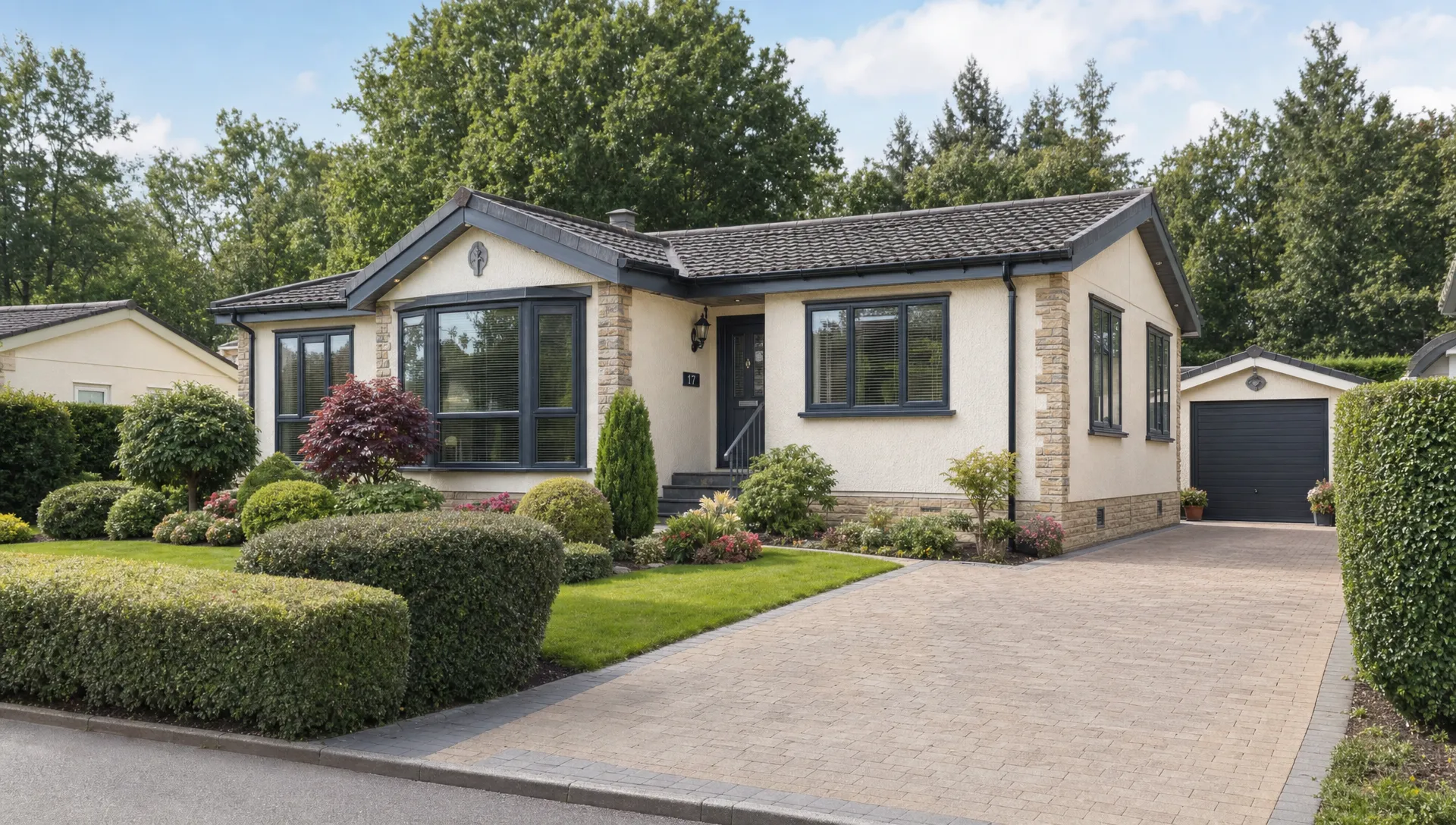 A close view of a single luxury park home bungalow at Hermitage Park with its private driveway, clipped hedges and landscaped garden, seen from the front in a quiet residential setting with mature trees nearby.