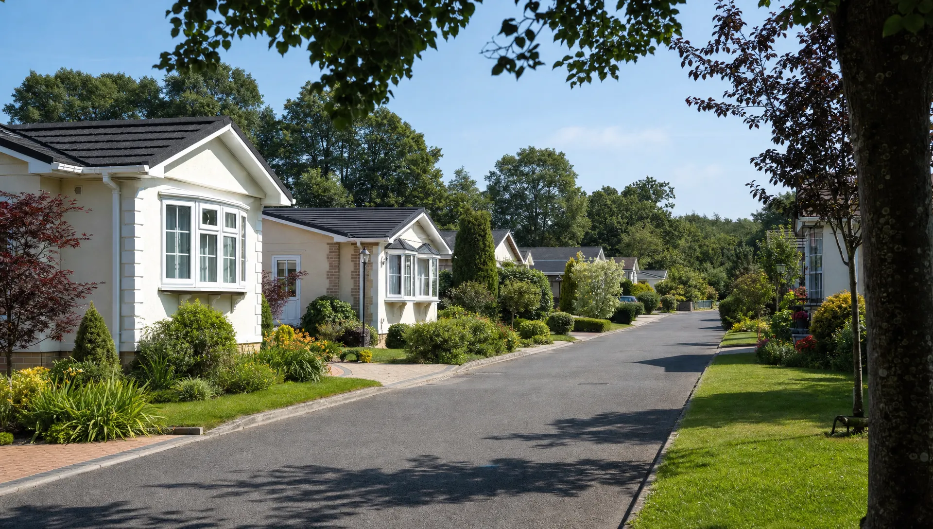 A quiet lane at Hermitage Park with single-storey luxury park home bungalows, private driveways, neat gardens and mature planting.