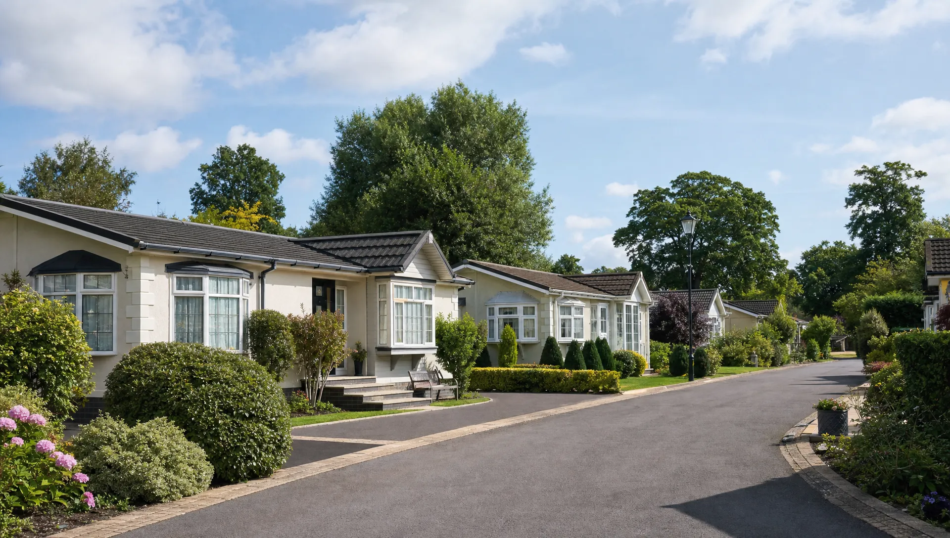 A quiet residential lane at Hermitage Park with single-storey luxury park home bungalows, landscaped gardens and neat driveways in Berkshire.
