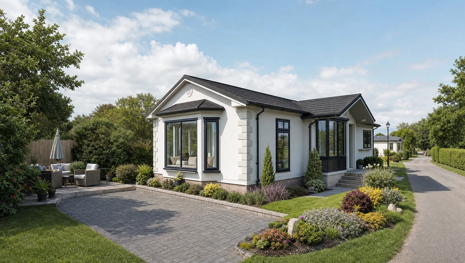 A single-storey luxury park home bungalow at Hermitage Park with a private garden, patio and driveway beside a quiet lane.