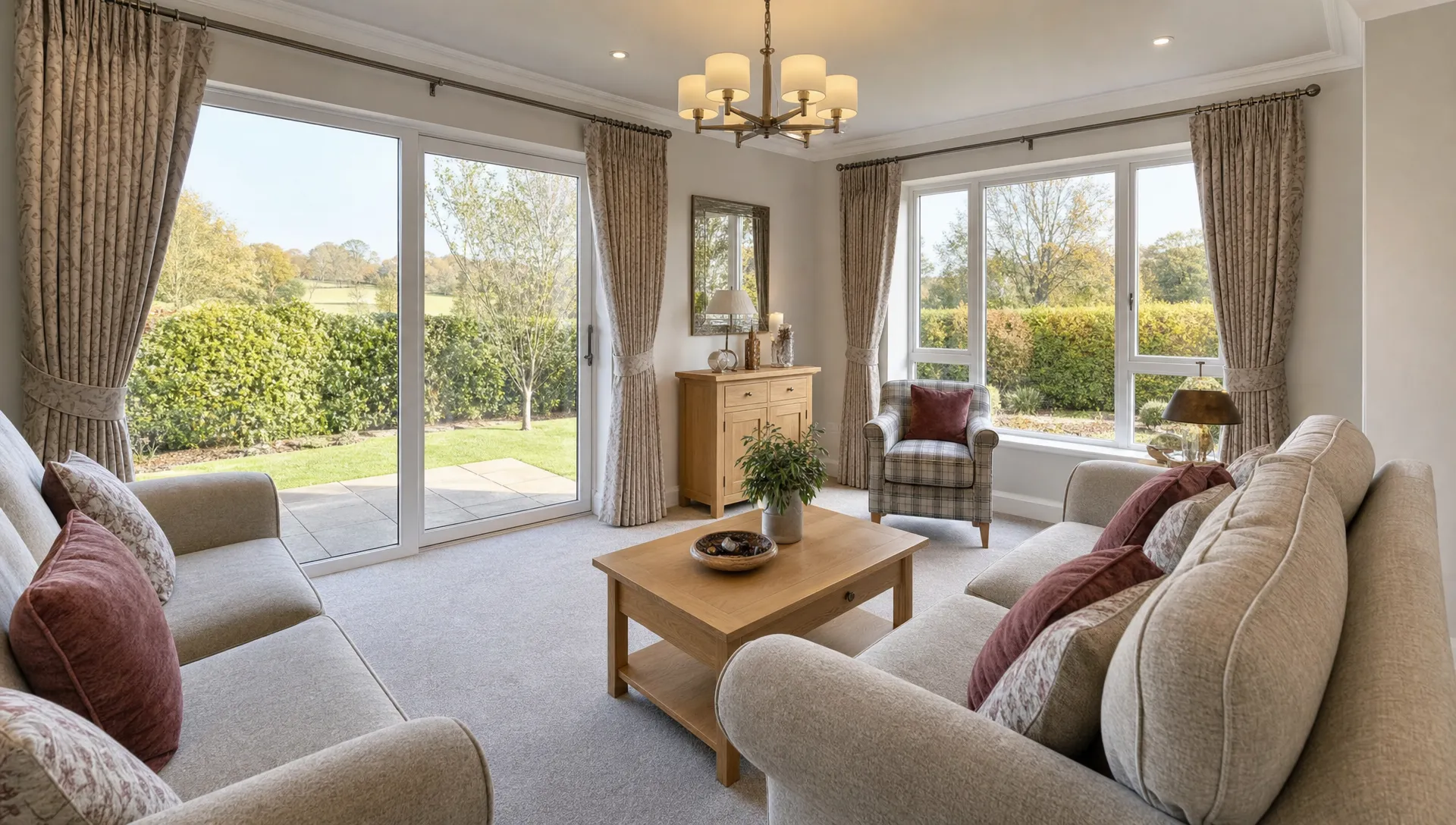 A furnished sitting room inside a Hermitage Park luxury park home bungalow shows comfortable seating, wide windows and a view to the private garden.
