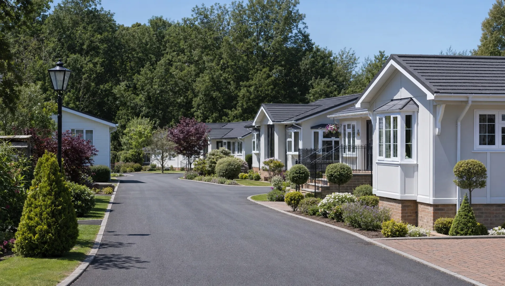 A quiet residential lane at Hermitage Park runs past single-storey luxury park home bungalows, private driveways, neat gardens and mature planting.
