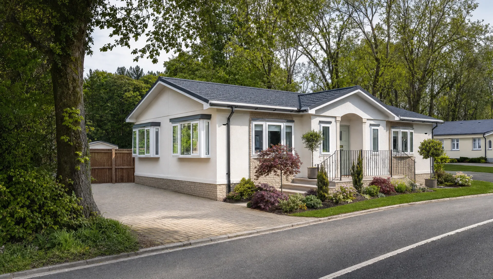 A single-storey luxury park home bungalow beside a quiet residential lane, with a private driveway, neat planting and mature trees.