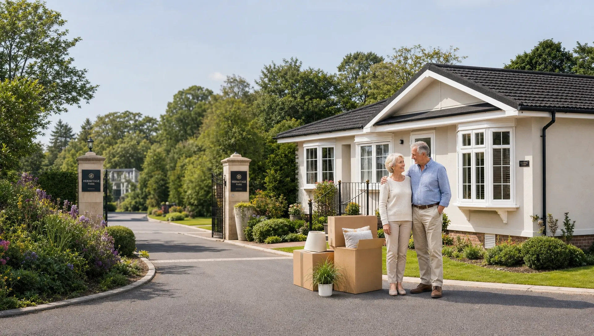 A retired couple standing beside moving boxes on the driveway outside a luxury park home bungalow at Hermitage Park, with the private garden and a quiet gated Berkshire estate behind them. Any visible sign shows only Hermitage Park branding.