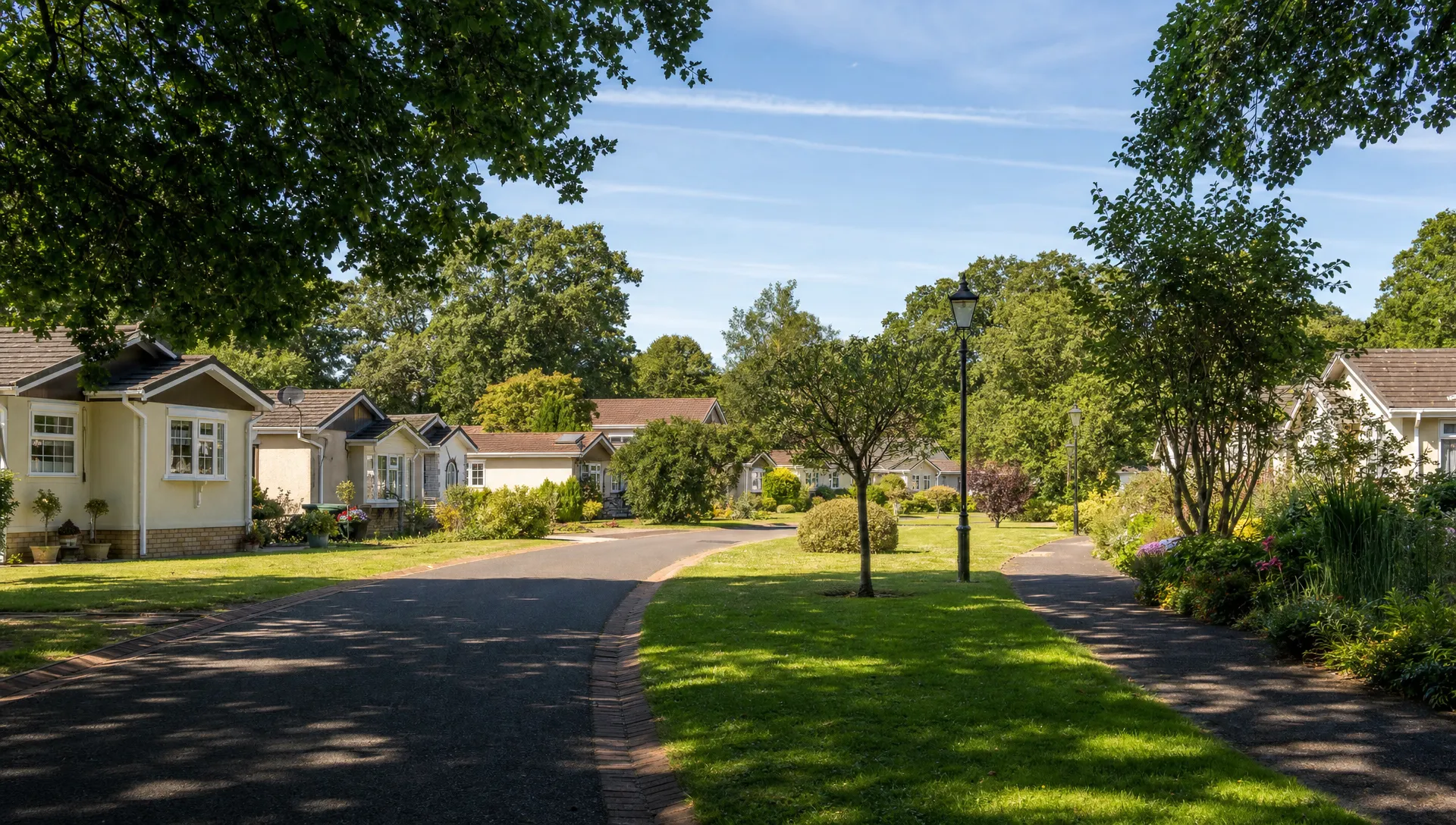 A quiet Berkshire residential park home estate with detached bungalows, private gardens, driveways and tree-lined walking areas on a calm day.