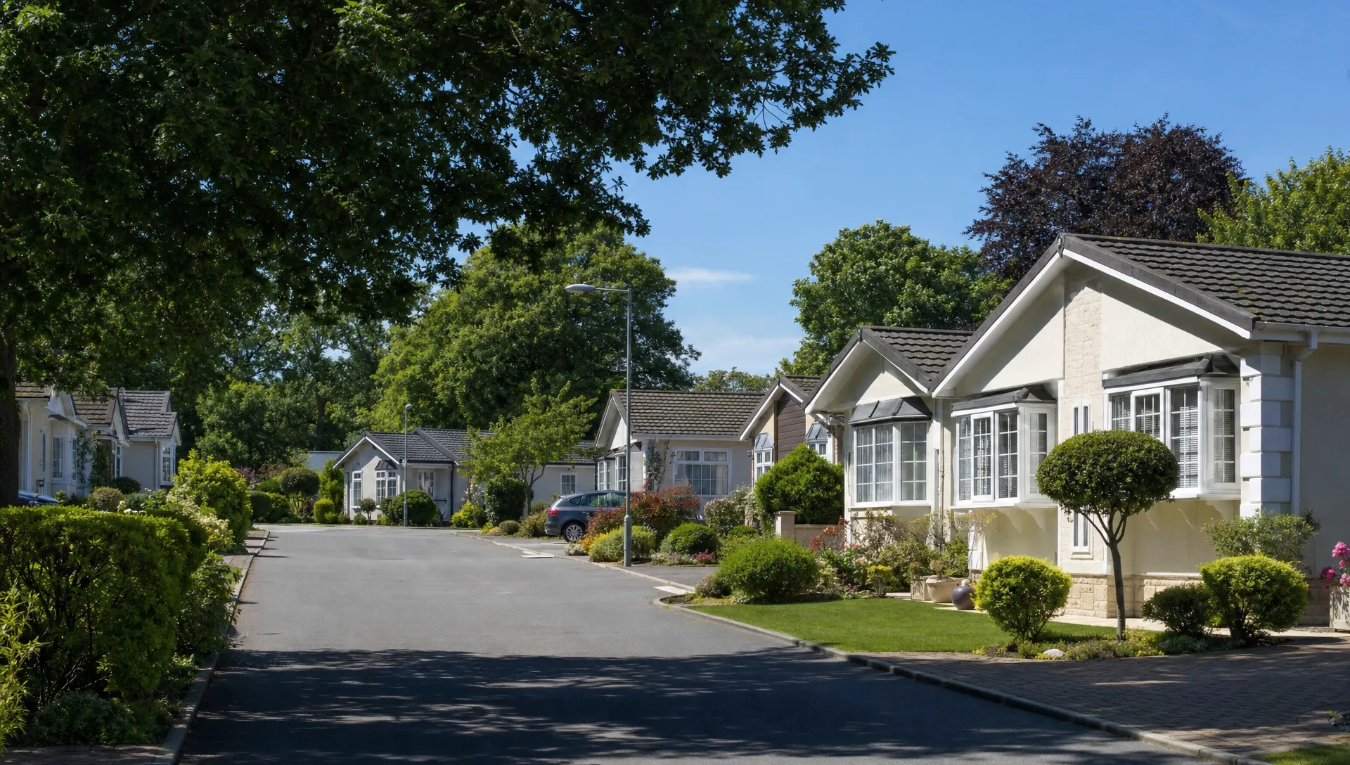 A quiet internal lane at Hermitage Park with single-storey luxury park home bungalows, private driveways, neat gardens and mature trees.