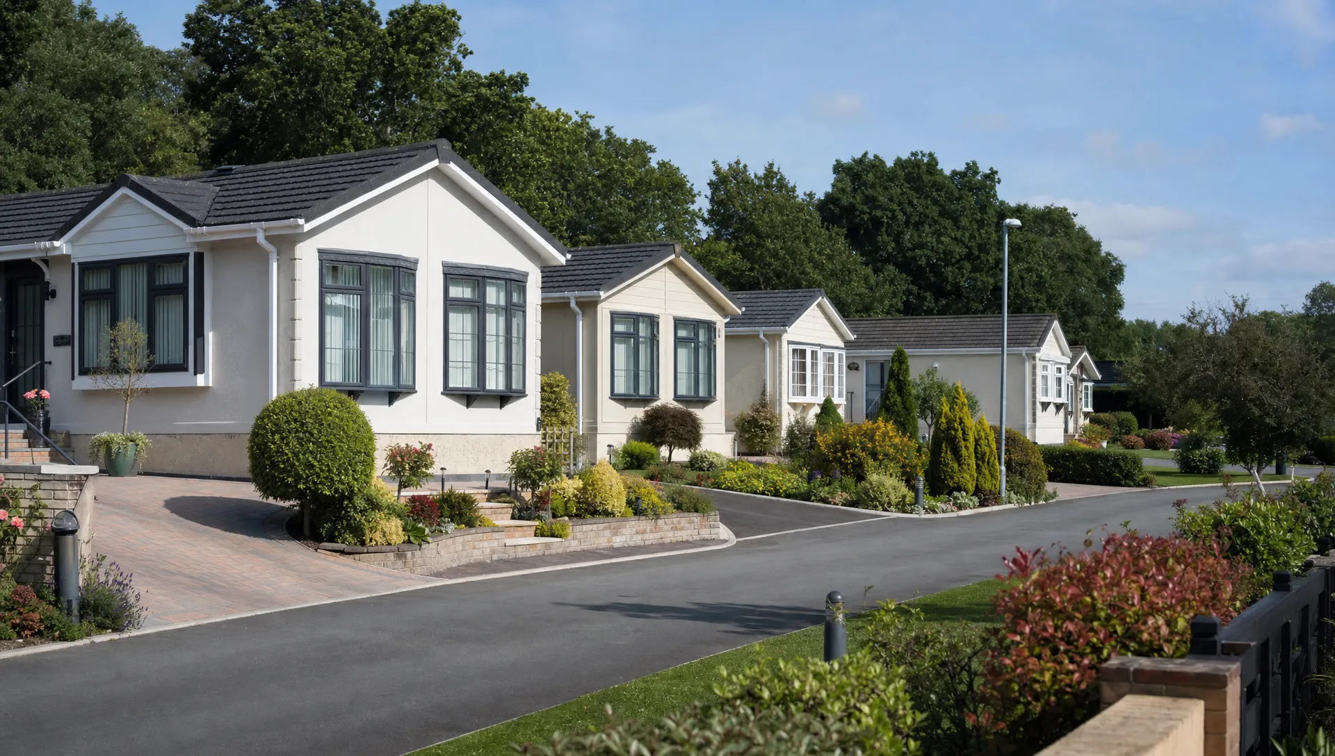 A quiet residential lane at Hermitage Park shows single-storey luxury park home bungalows, private driveways, neat gardens and mature planting.