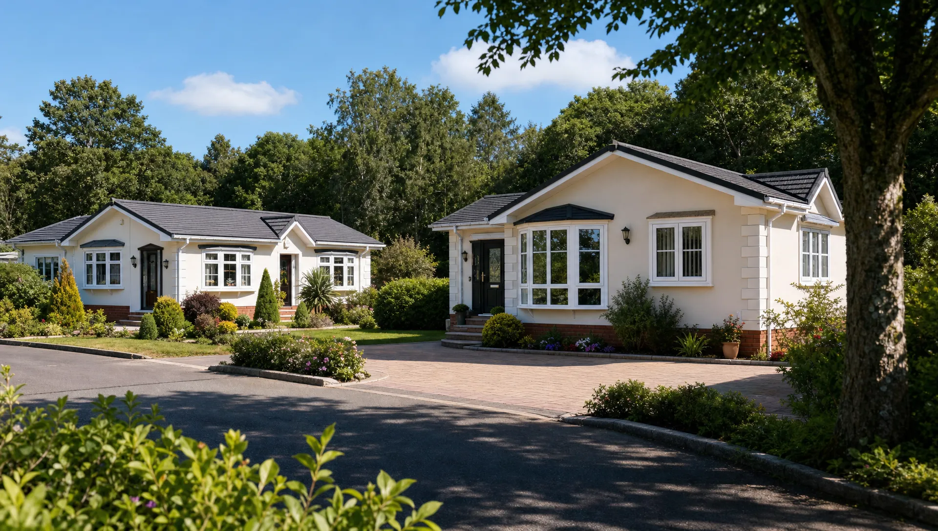 A landscape exterior scene showing a pair of detached luxury park home bungalows in Hermitage Park with private gardens and driveways, viewed from a slight low angle across a quiet internal road. Include mature greenery and a sense of calm residential living near Warfield, with no people present and no signage or text visible.
