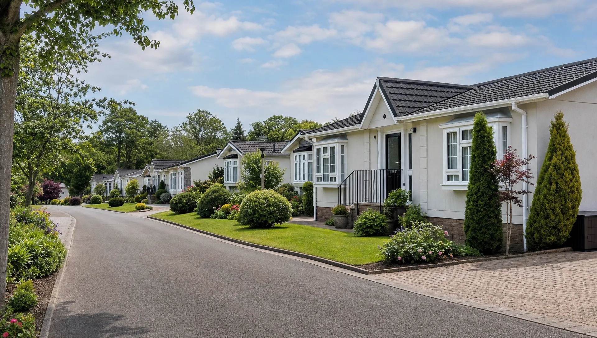 A quiet residential park lane at Hermitage Park with single-storey luxury park home bungalows, private driveways, neat gardens, mature trees and landscaped borders, with no people and no text or branding.