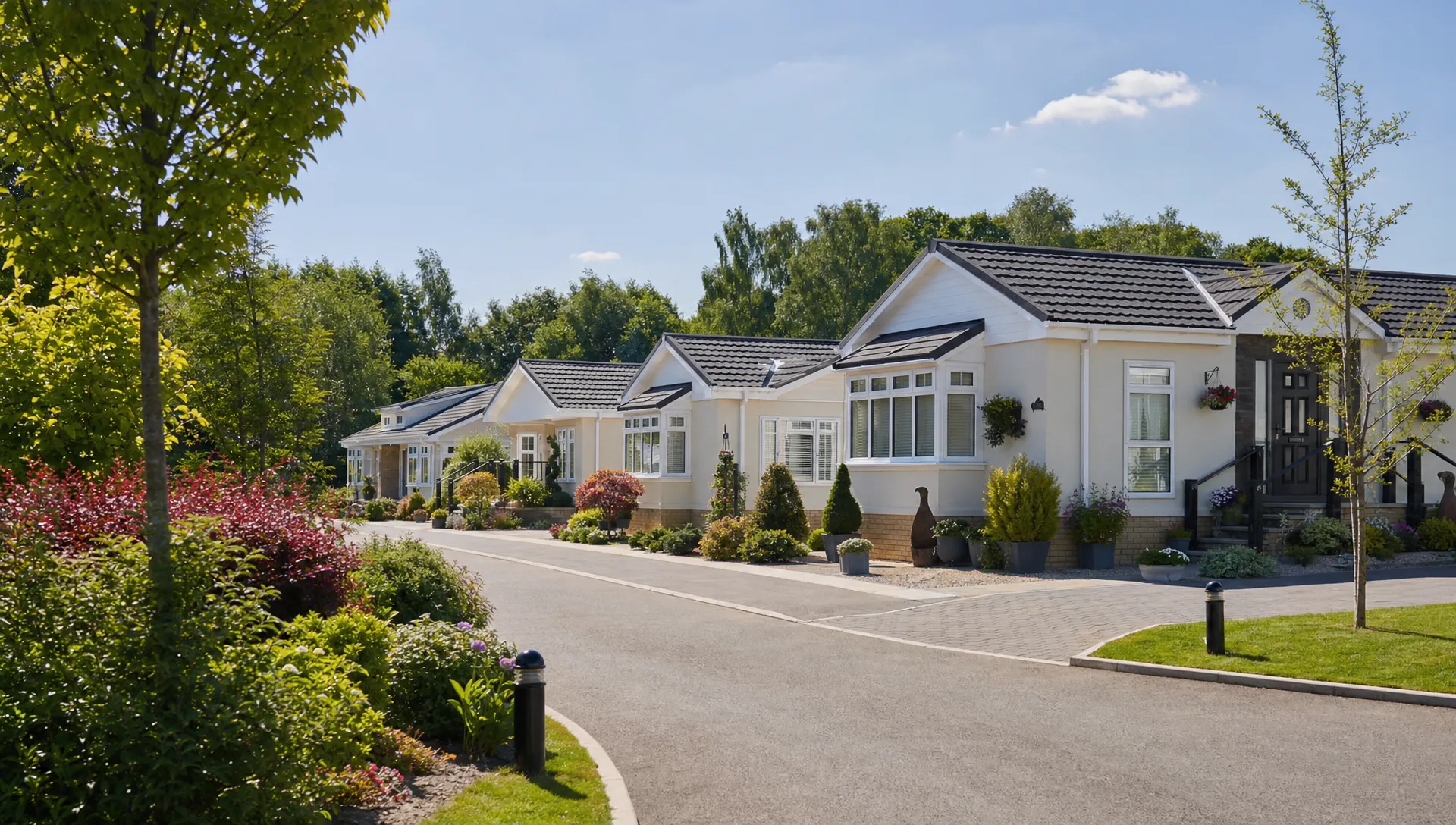 Single-storey luxury park home bungalows at Hermitage Park beside a quiet landscaped lane, with private driveways, neat gardens and mature planting.