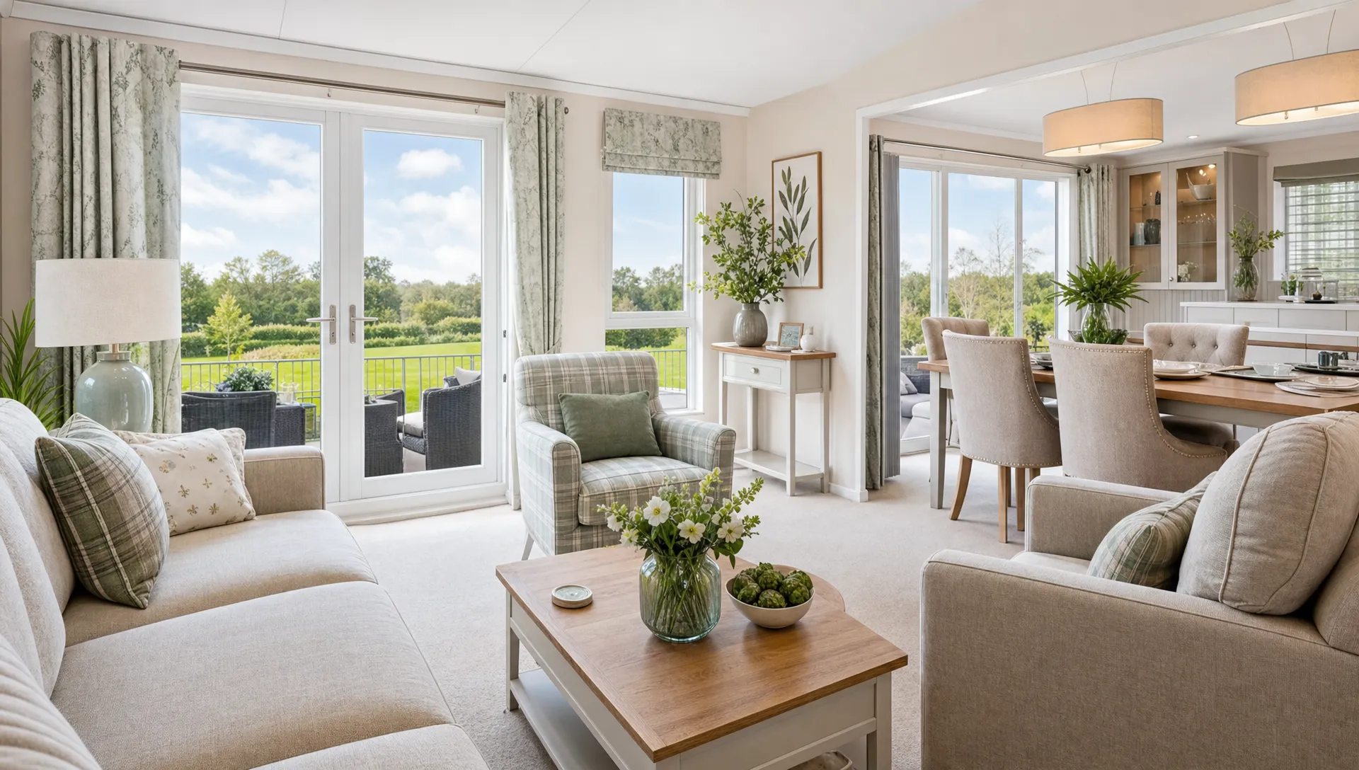 A fully furnished lounge and dining area in a Hermitage Park luxury park home bungalow shows seating, a dining table and garden views through the doors.