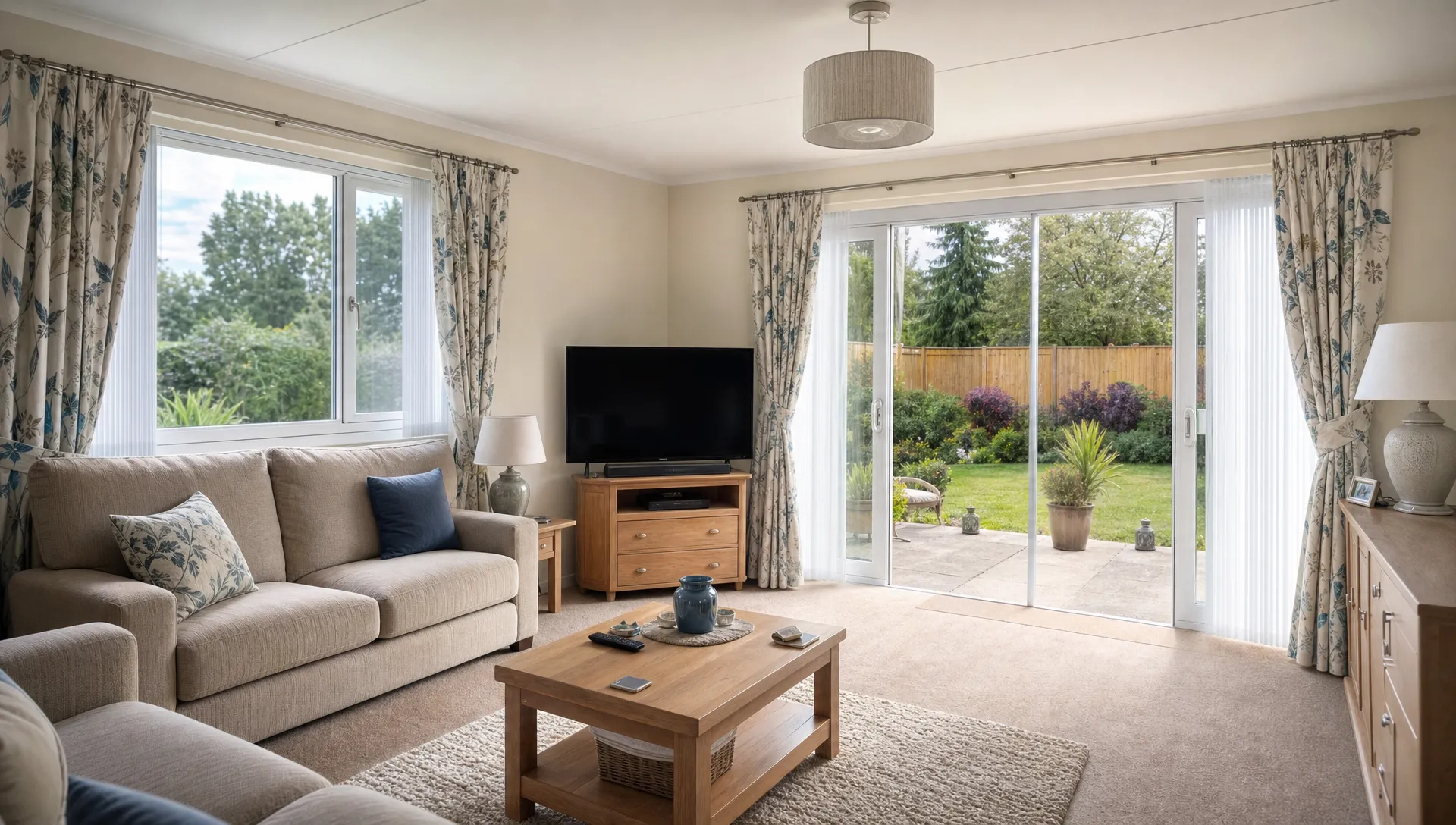A calm living room inside a single-storey park home bungalow, with comfortable seating, natural light, neat furnishings and patio doors opening onto a private garden.