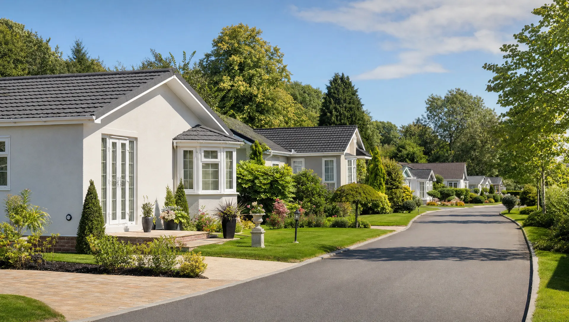Detached luxury park home bungalows with private driveways, planted gardens and a quiet landscaped lane in Berkshire.