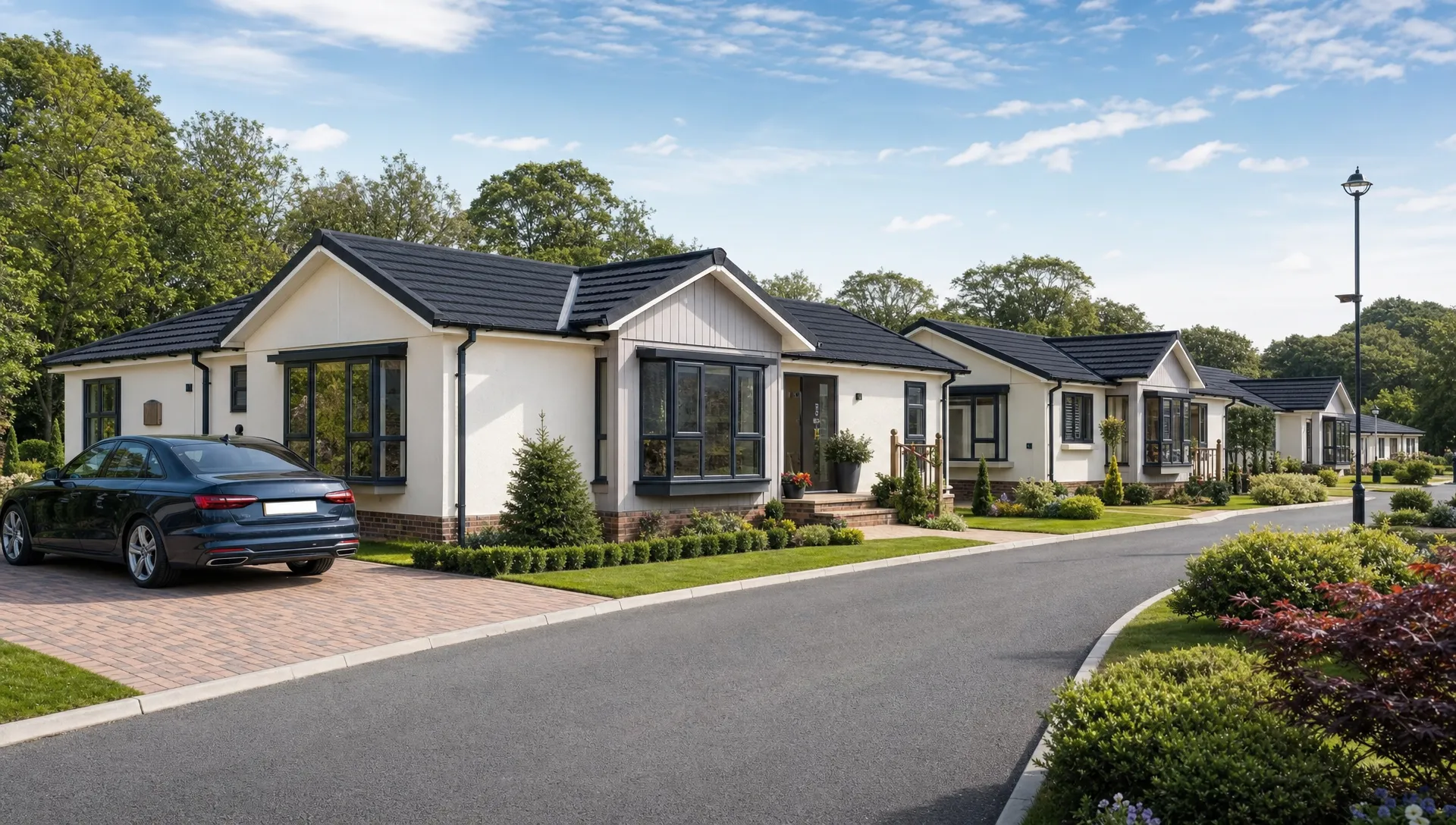 A quiet landscaped lane at Hermitage Park passes single-storey luxury park home bungalows, private driveways and neat gardens.
