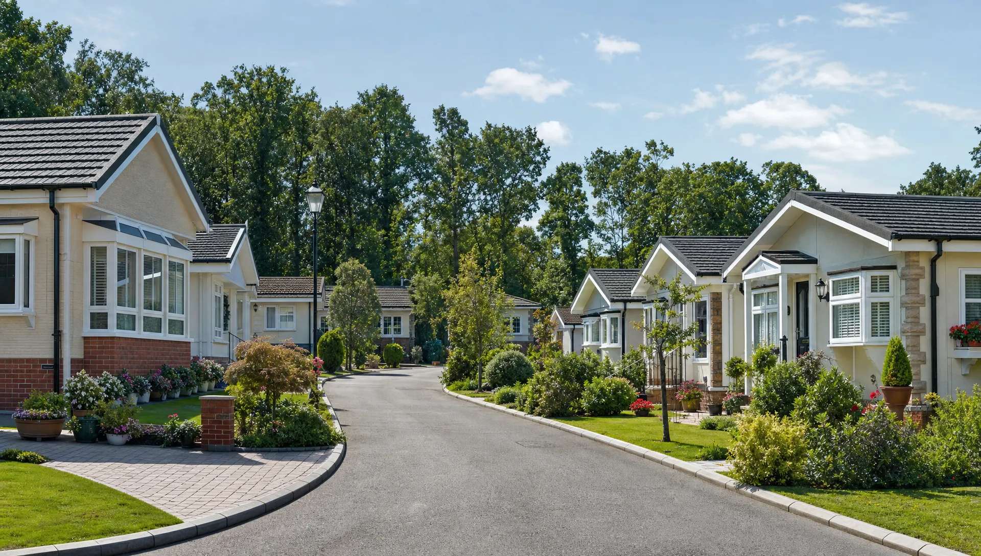 A quiet lane runs between luxury park home bungalows and landscaped shared grounds, with private gardens and driveways visible beside each home.