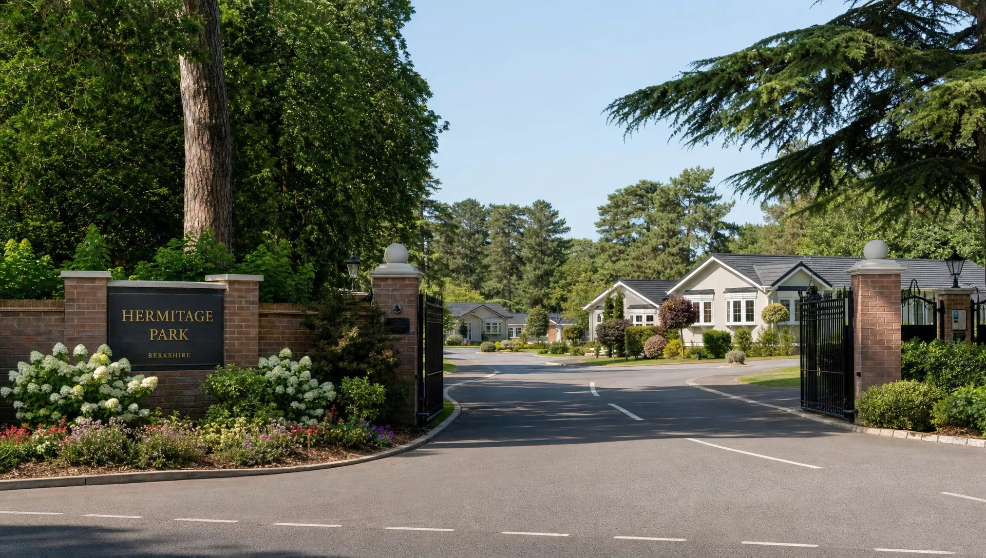 A quiet entrance road at Hermitage Park with a gated entrance, landscaped planting and detached luxury park home bungalows visible beyond the turning, set among mature trees in Berkshire.