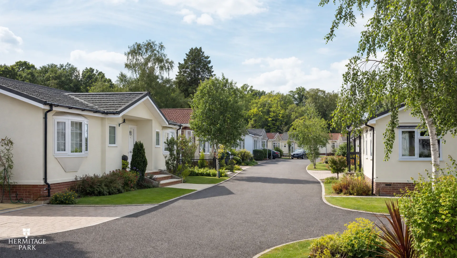 A quiet internal lane at Hermitage Park with single-storey luxury park home bungalows, private driveways, small gardens and mature trees in Berkshire.