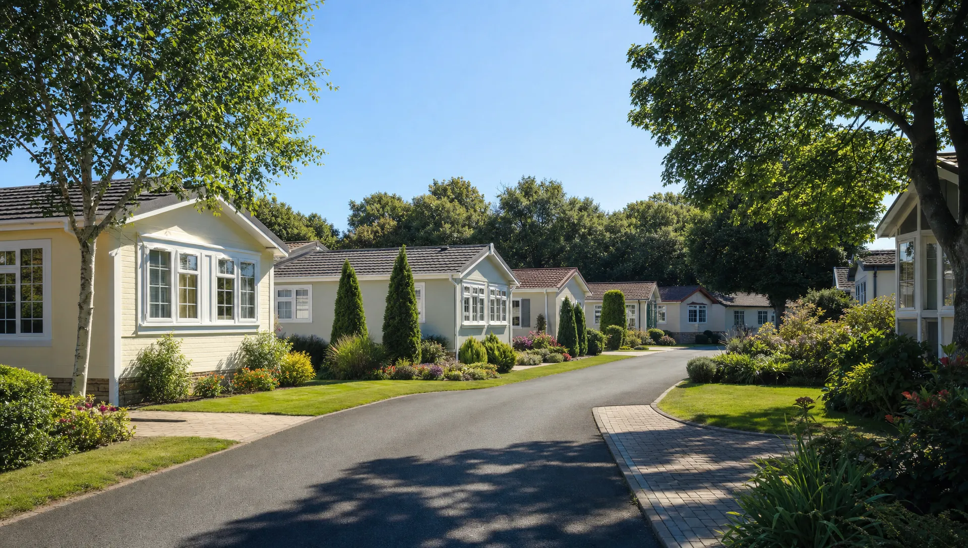 A quiet internal lane runs past single-storey luxury park home bungalows, private gardens and driveways within Hermitage Park.