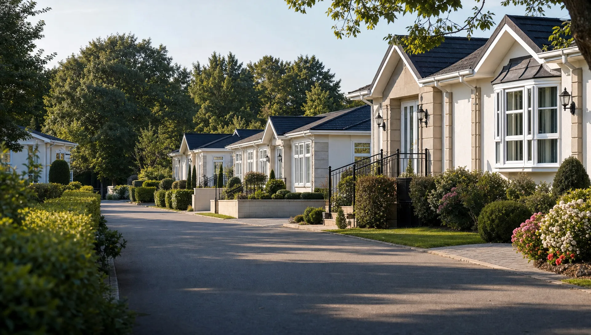 A quiet internal lane at Hermitage Park passes detached luxury park home bungalows with private driveways, trimmed hedges and mature trees.