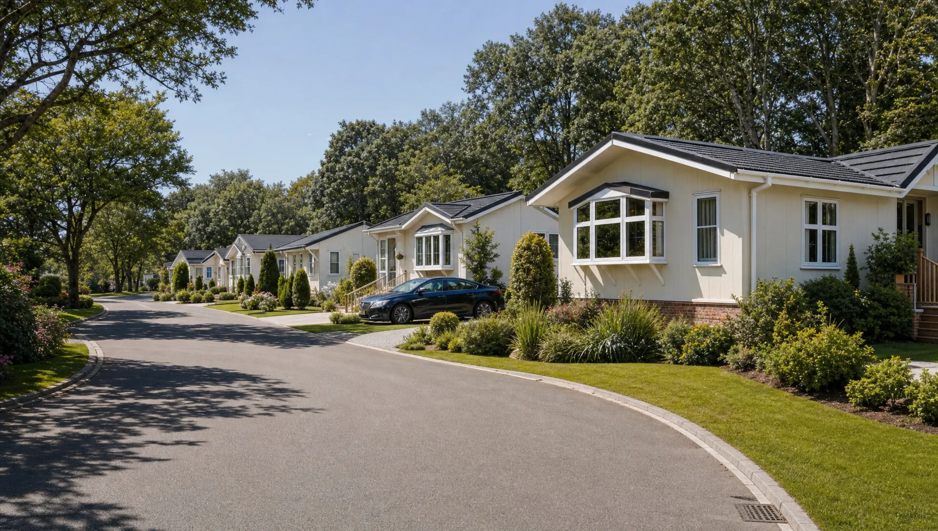 Luxury park home bungalows sit along a quiet lane in Warfield, with private gardens, driveways and landscaped plots showing the location factor behind price.