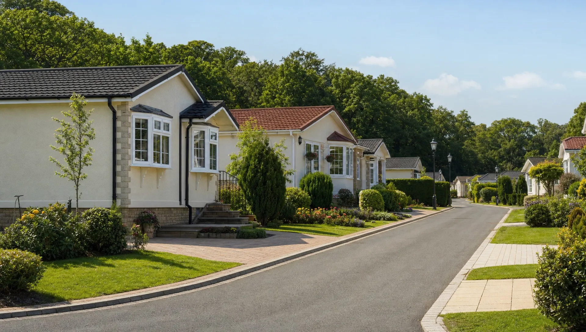 A quiet lane at Hermitage Park is lined with detached luxury park home bungalows, neat gardens and private driveways.