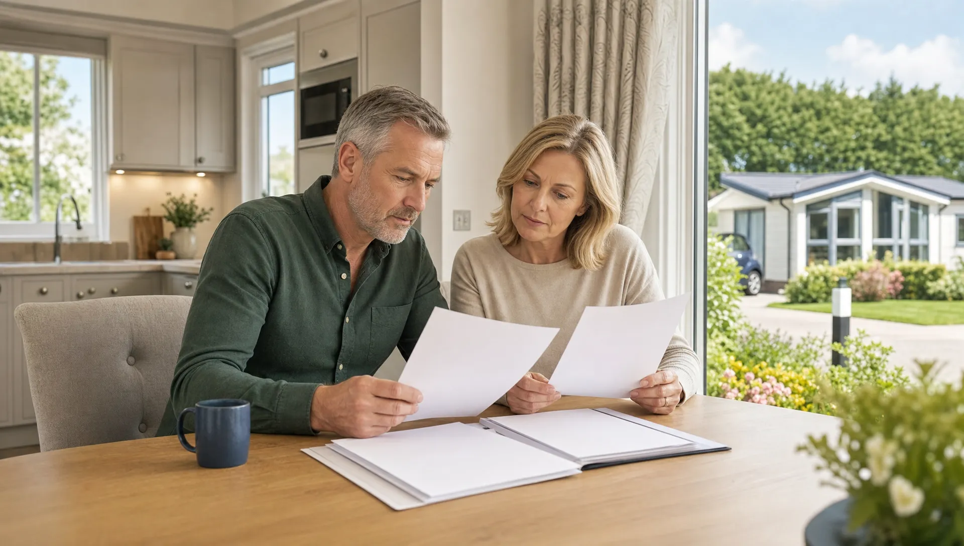 An over-45s couple sitting at a kitchen table in a luxury park home bungalow, reviewing blank downsizing paperwork with a private garden and driveway visible through the window. Any branding shown is Hermitage Park only, and all documents are completely blank with no figures or readable text.