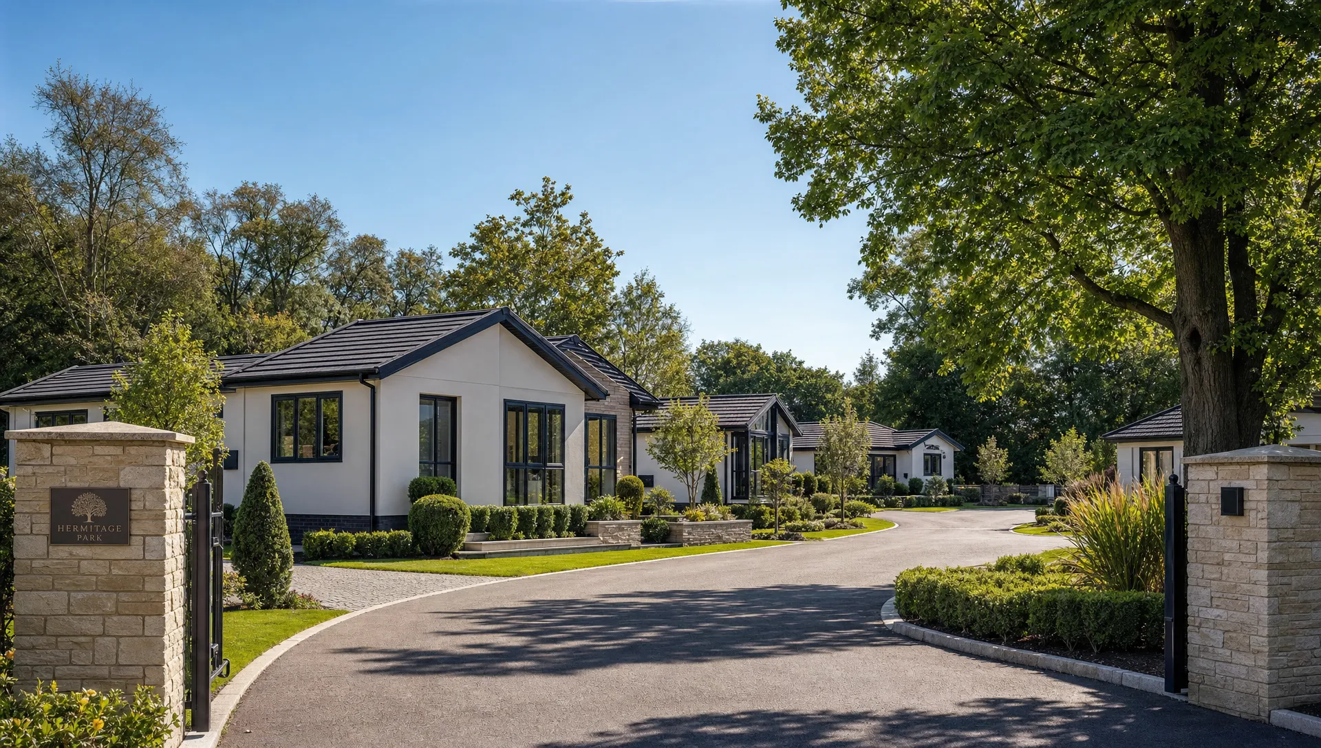 Luxury park home bungalows on a quiet gated estate with private driveways, landscaped gardens and mature trees in Berkshire.
