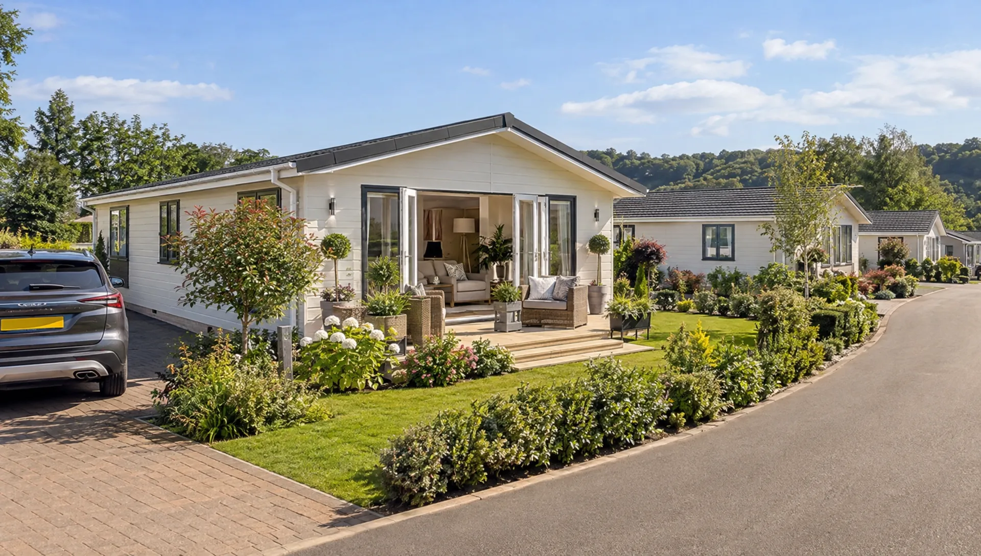A furnished luxury park home bungalow opens onto a private garden, with the driveway visible beside the landscaped lane at Hermitage Park.