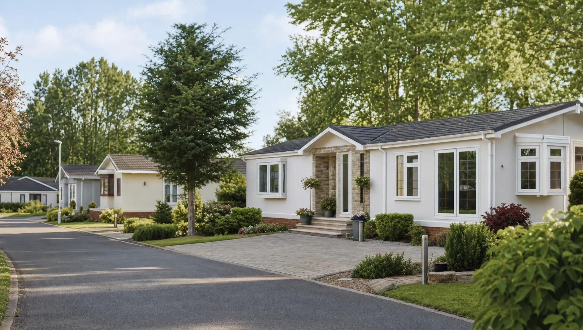 A quiet landscaped lane at Hermitage Park with single-storey luxury park home bungalows, private driveways, neat gardens and mature planting.