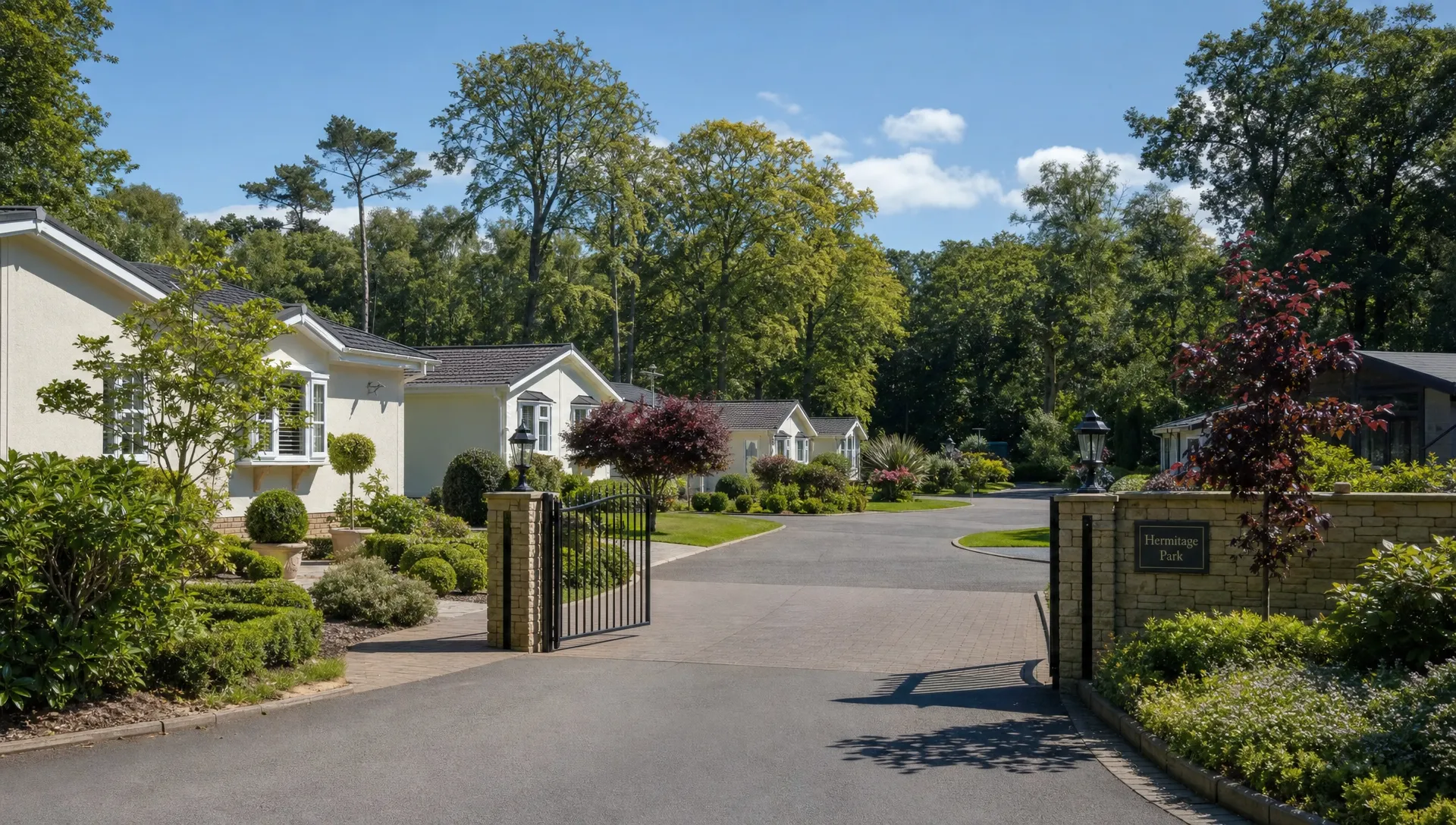 A quiet gated estate at Hermitage Park shows detached luxury park home bungalows, private gardens, driveways and mature trees near woodland paths.
