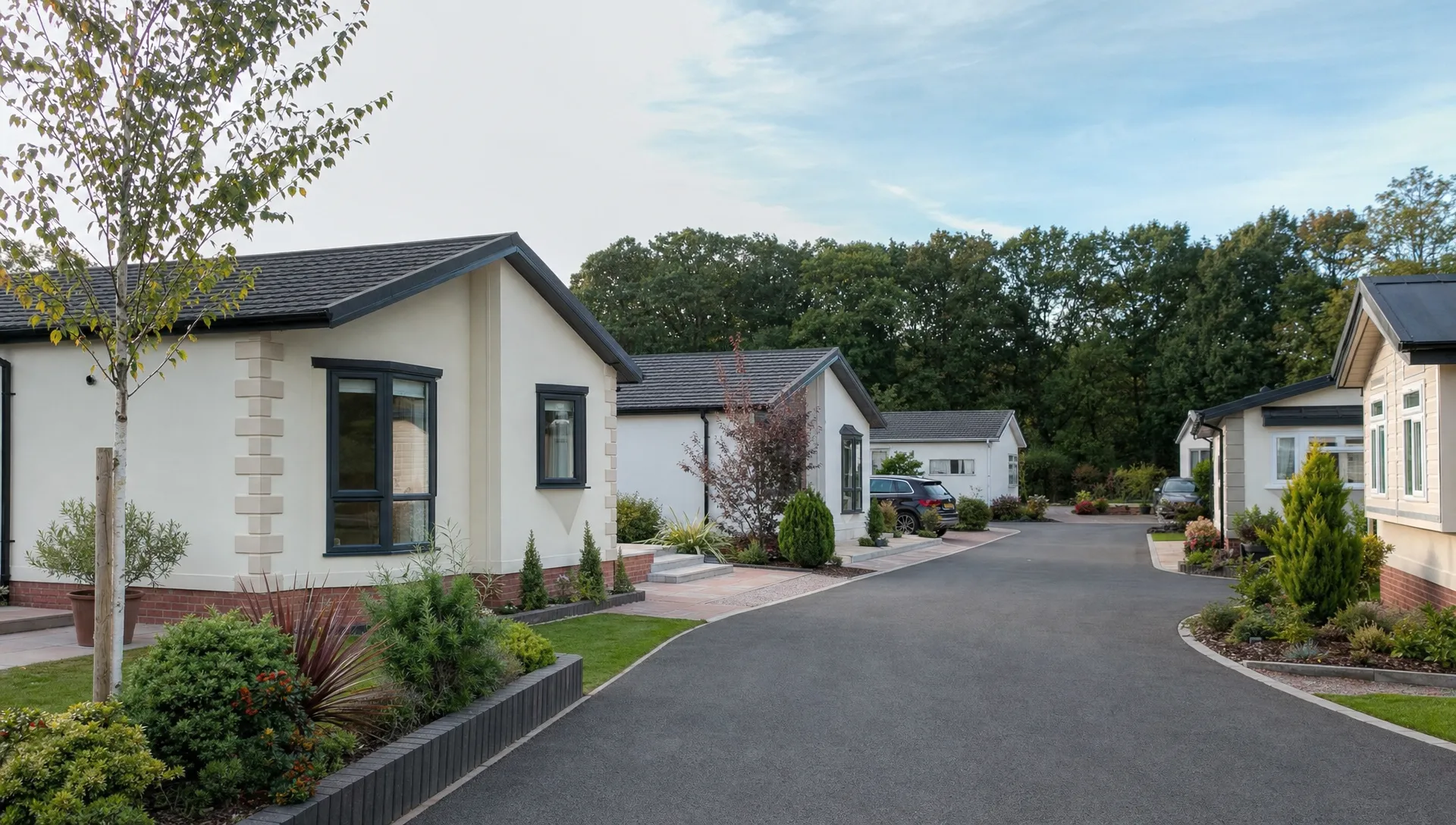 A quiet landscaped lane at Hermitage Park with single-storey luxury park home bungalows, neat gardens and private driveways.
